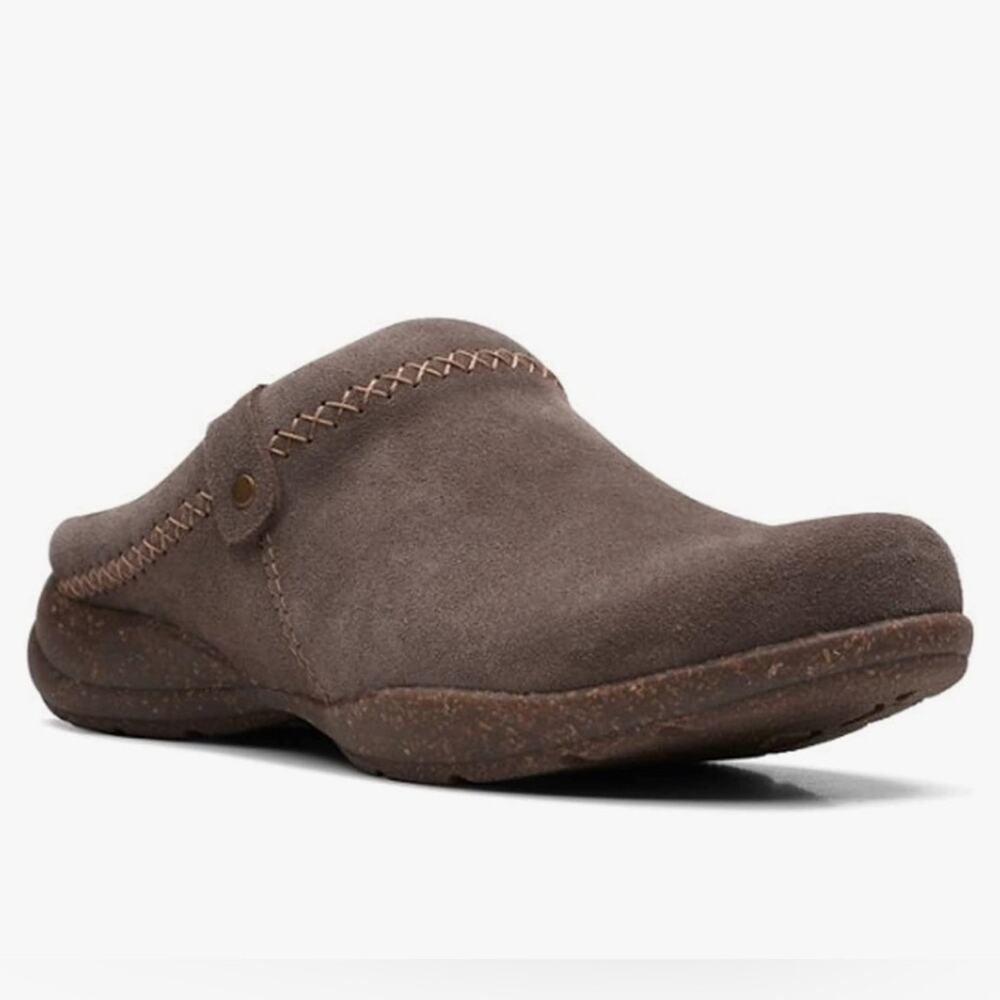 Clarks Taupe Suede Clogs
